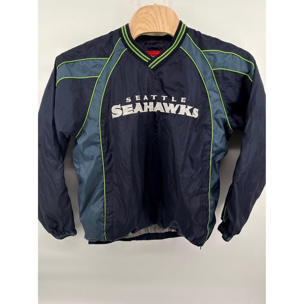 NFL Seattle Seahawks V-Neck Windbreaker Pullover Side Zip Jacket Men Medium Blue